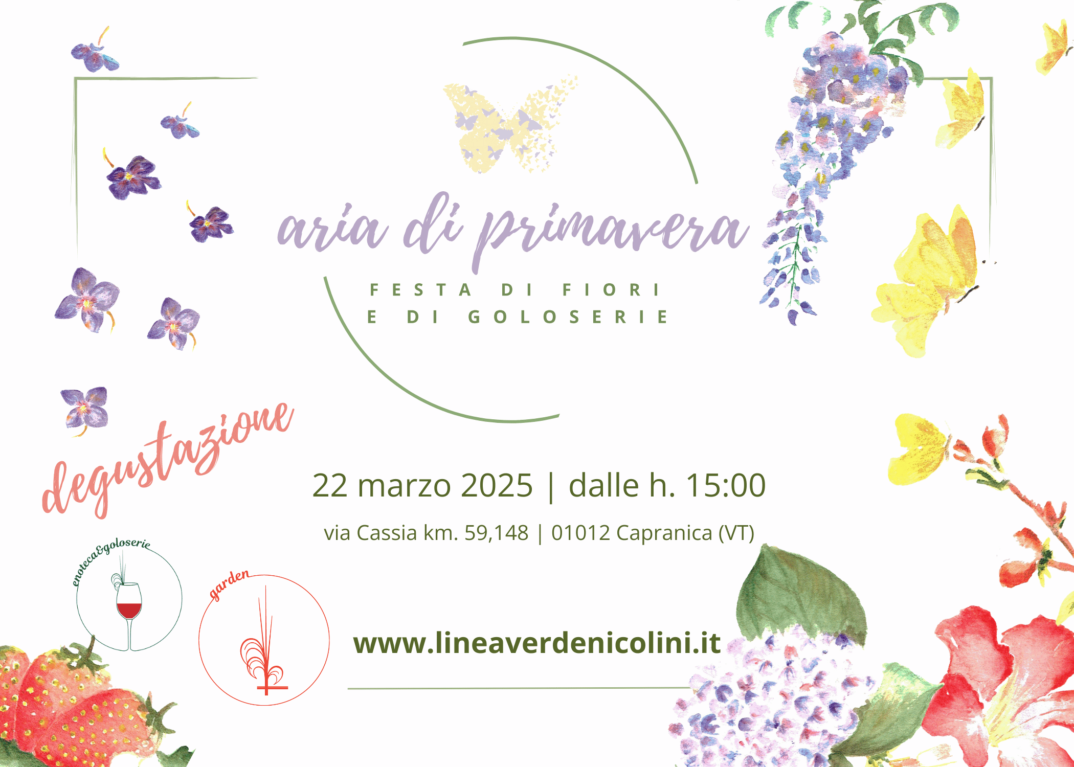 Invito ARIA DI PRIMAVERA 2025 – Fronte Invito ufficiale di ARIA DI PRIMAVERA 2025, evento dedicato alle fioriture e all’enogastronomia, organizzato da Linea Verde Nicolini