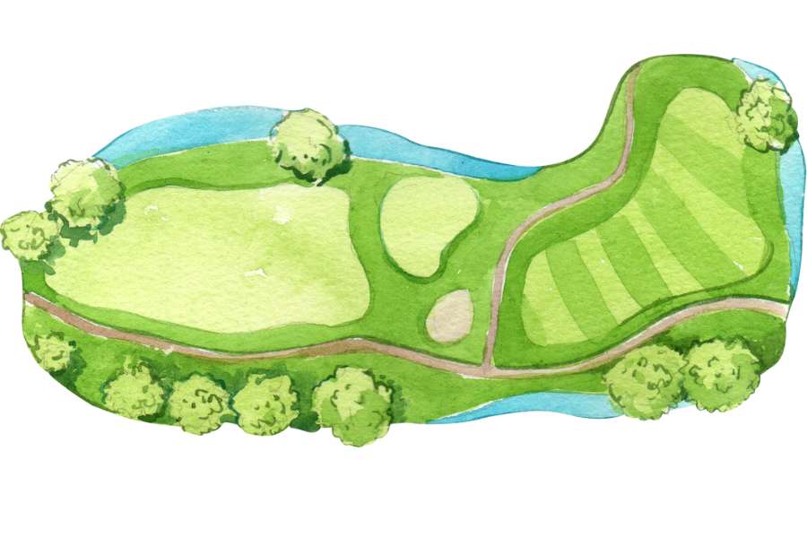 Layout di un campo da golf Mappa illustrata di un percorso di golf con fairway, bunker e laghi