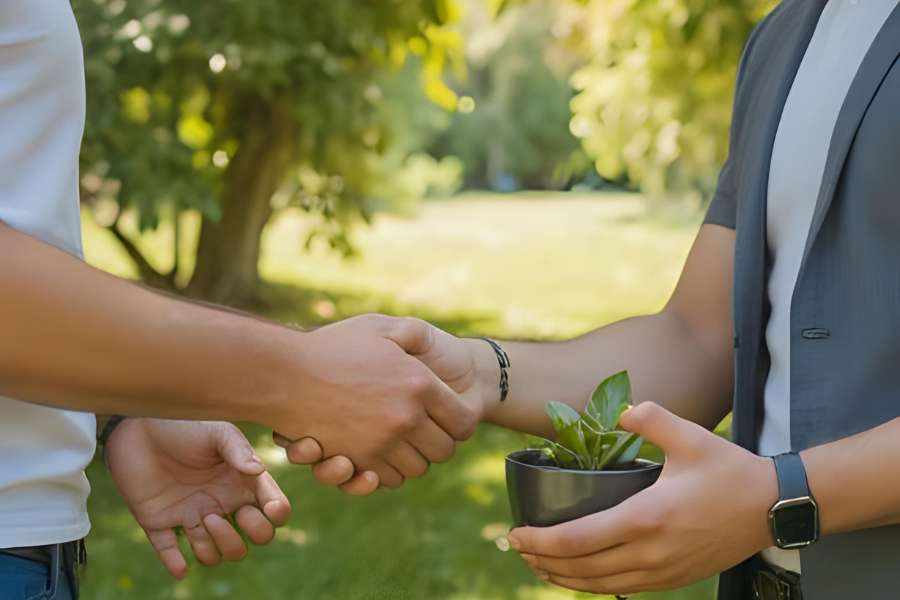 Due persone si stringono la mano in un giardino, una tiene in mano una piantina