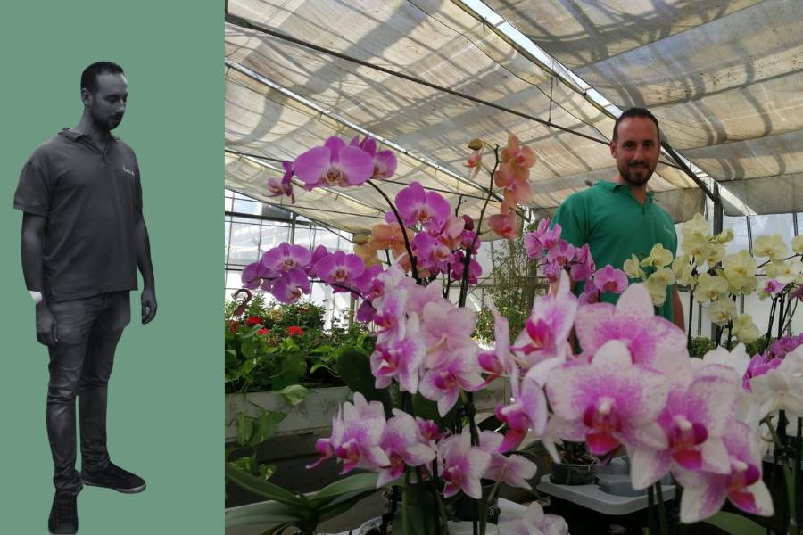 Nicola Ettorre tra le serre del garden Linea Verde Nicolini, circondato da orchidee in fiore