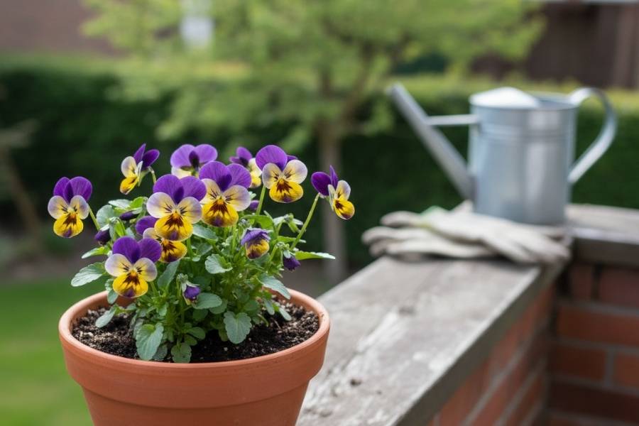 Piante fiorite in vaso su balcone in inverno