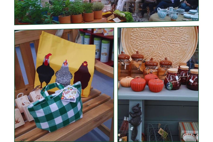 Oggetti decorativi e accessori per la casa esposti nello shop del garden
