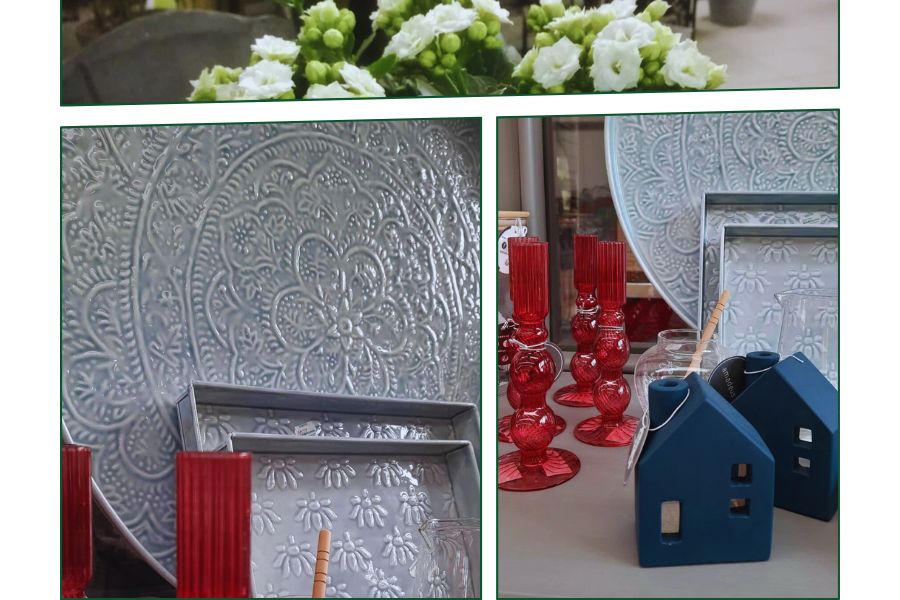 Allestimento decorativo con piatti e oggetti nello shop del garden