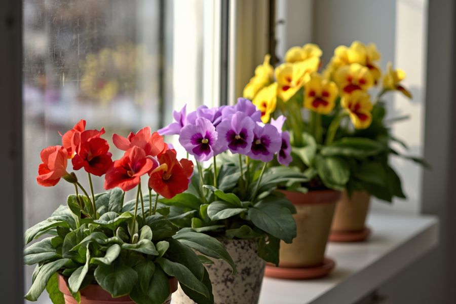 primule colorate in vaso su davanzale luminoso
