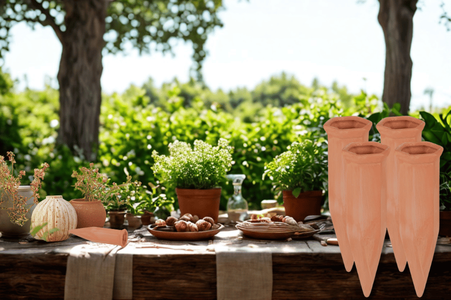 Coni irrigatori in terracotta per distribuire gradualmente l'acqua alle piante durante le vacanze.