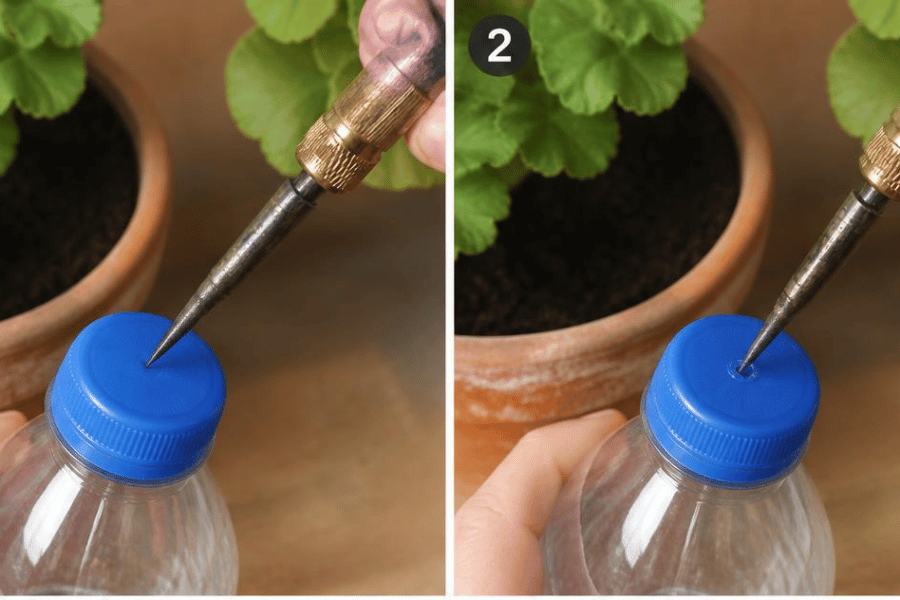 Foratura del tappo di una bottiglia di plastica per realizzare un sistema di irrigazione a goccia.