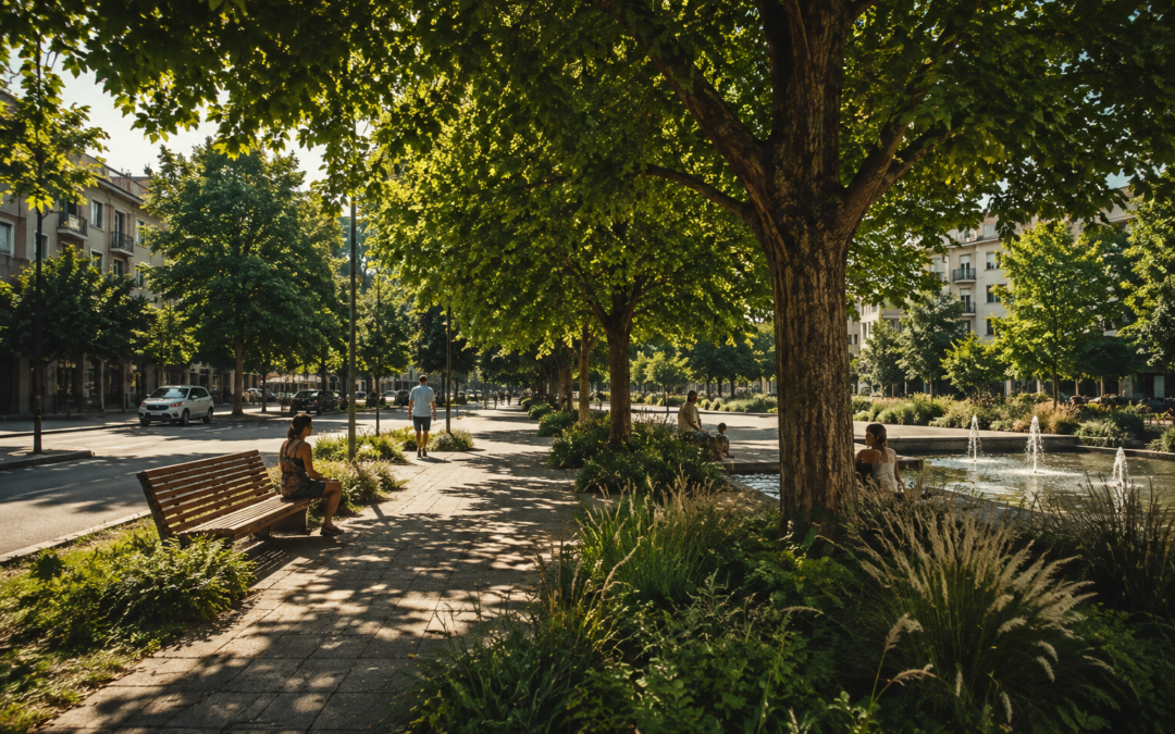 viale urbano alberato con grandi chiome ombreggianti, aree verdi, sedute, acqua e persone durante una giornata estiva.