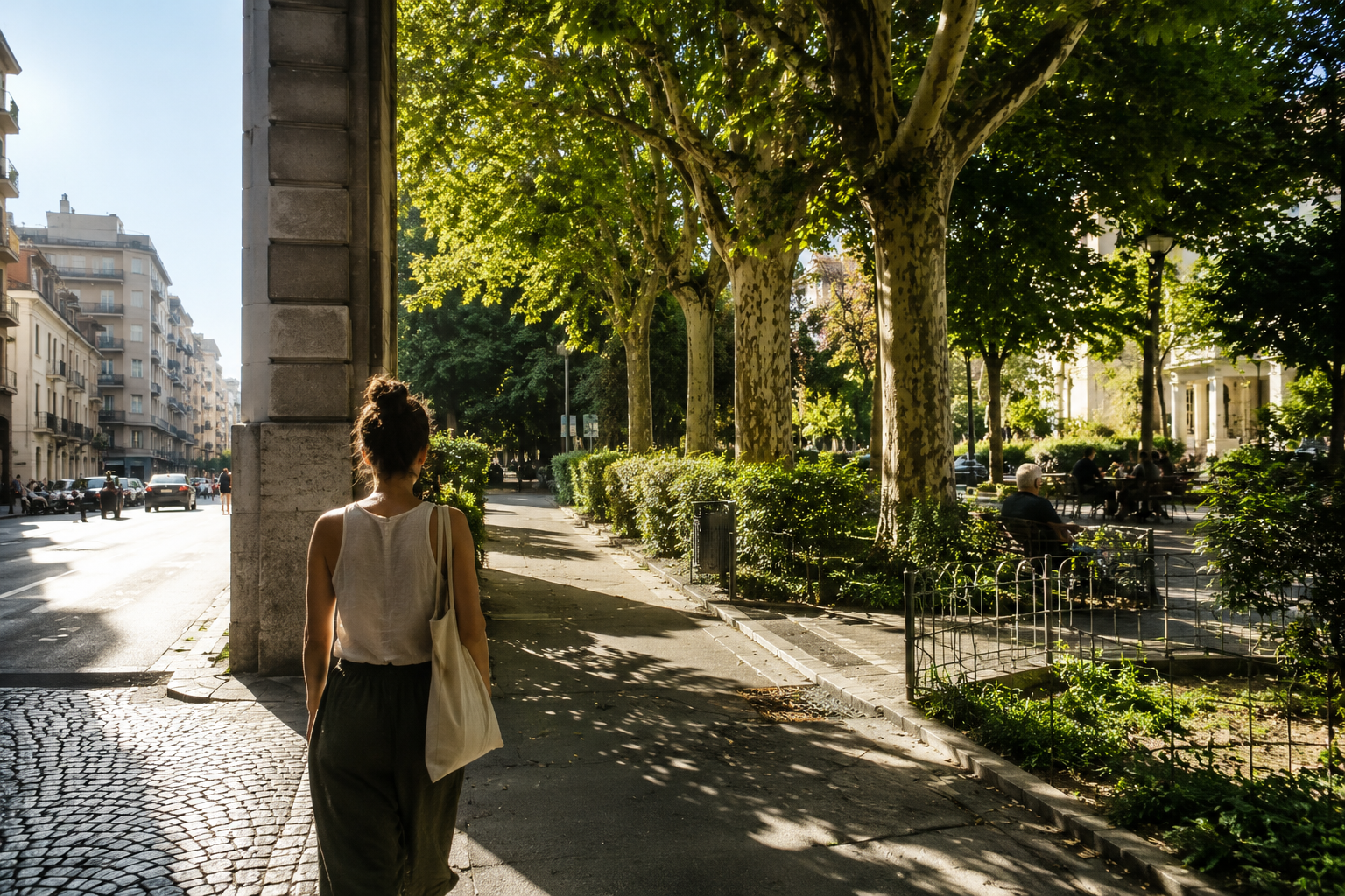 donna che lascia una strada assolata e cammina verso un'area urbana alberata e ombreggiata durante una giornata estiva.
