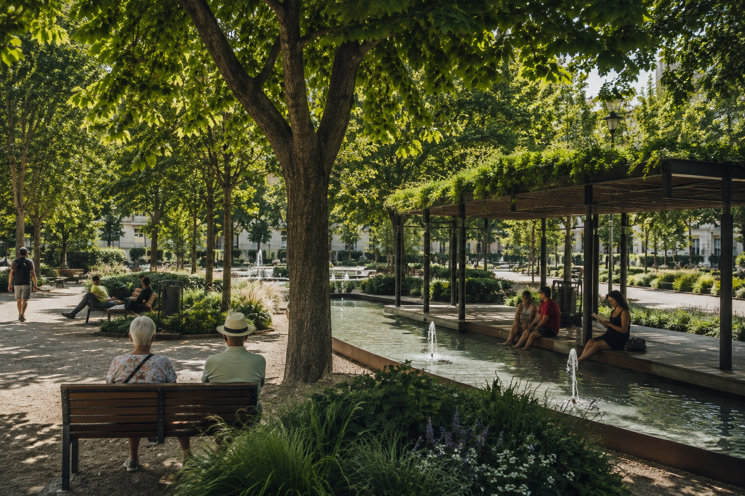 parco urbano ombreggiato con alberi, sedute, acqua, vegetazione e persone che sostano durante una giornata calda.