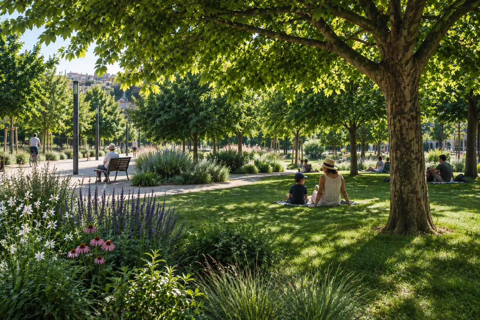 parco urbano con alberi maturi, prato, arbusti e vegetazione diversificata che crea ampie zone d'ombra.