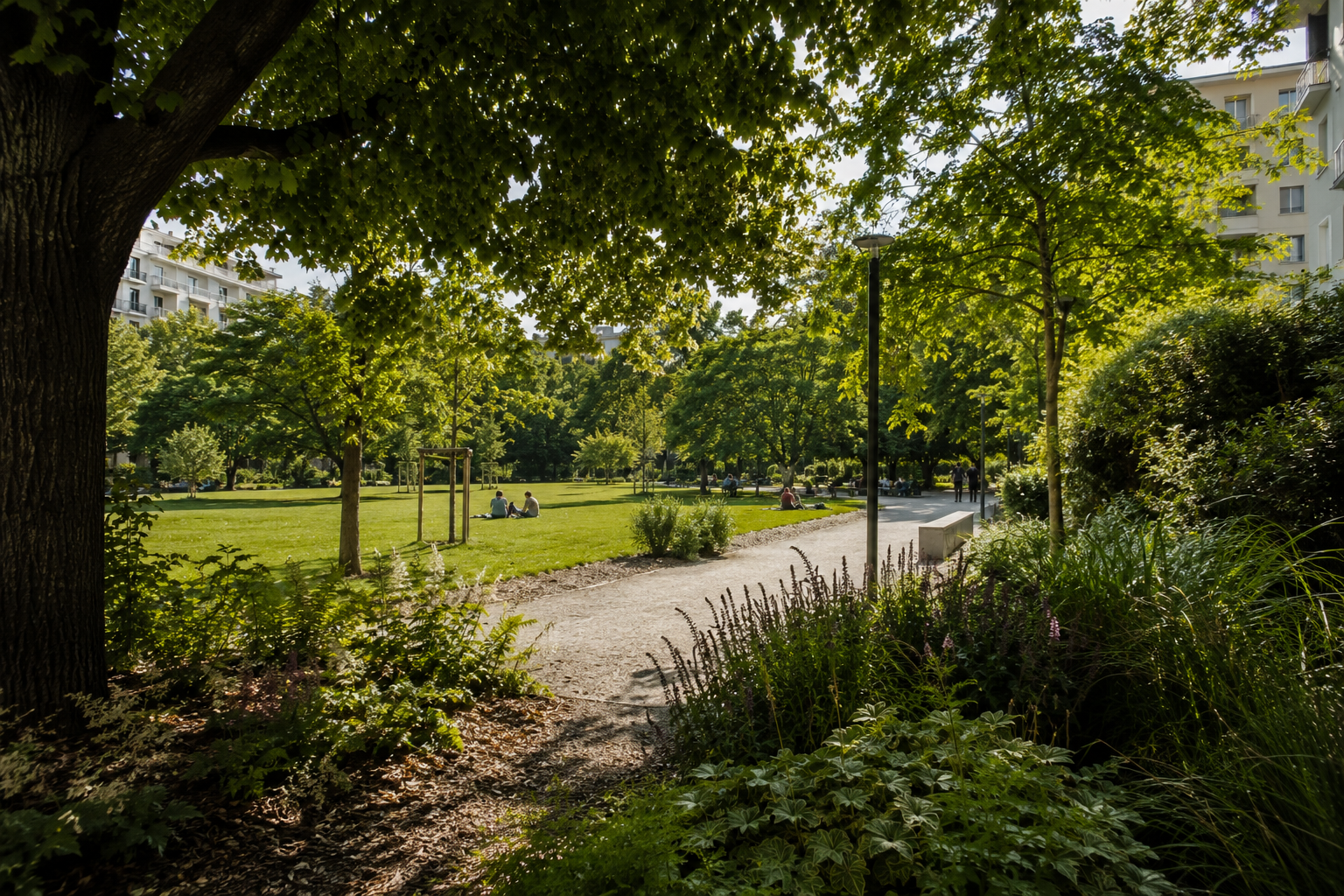 parco urbano con alberi maturi, prato, arbusti e vegetazione diversificata che crea ampie zone d'ombra.