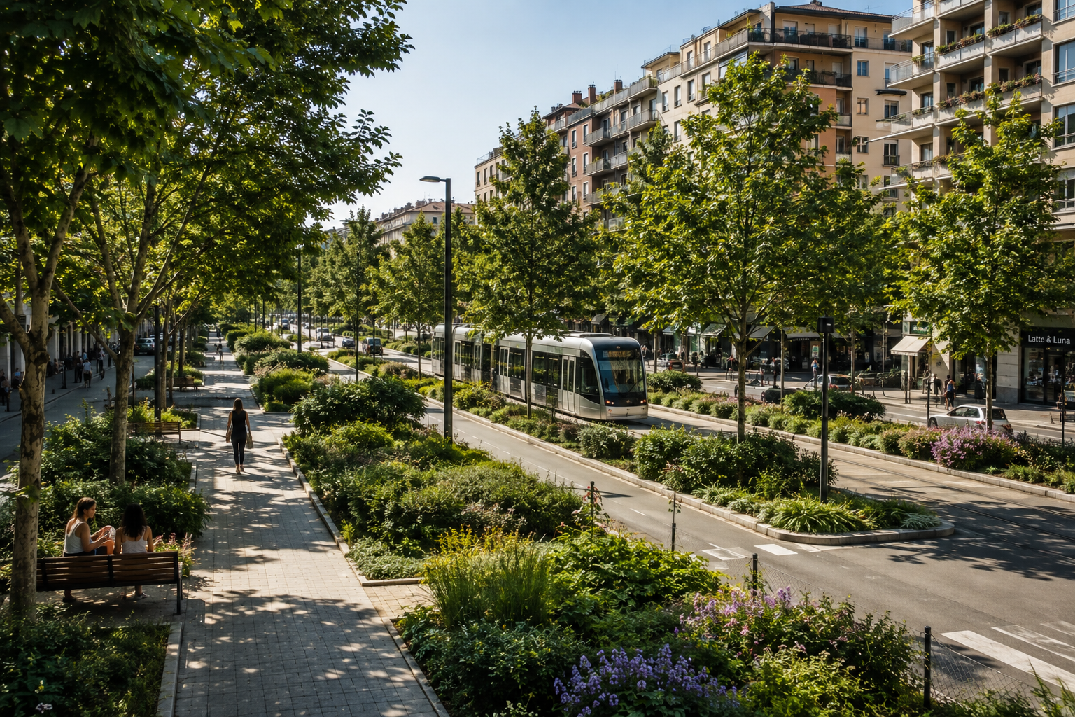 viale cittadino con alberature, aiuole, percorsi pedonali, trasporto pubblico e spazi verdi integrati nel tessuto urbano.