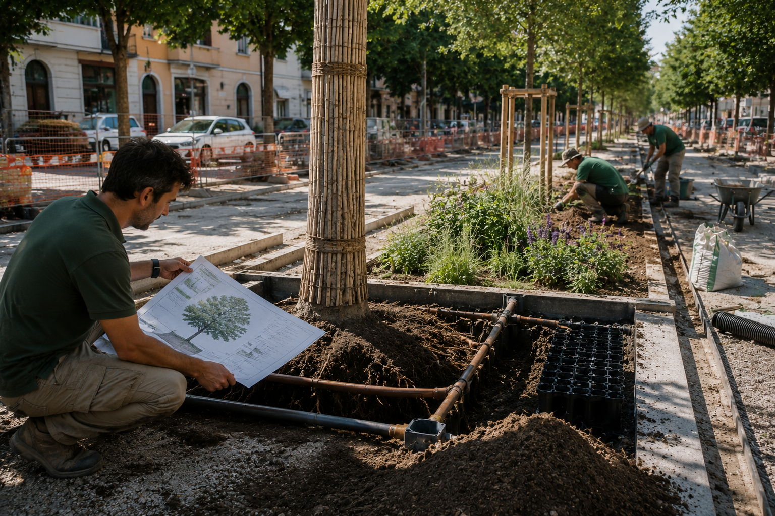 tecnico e operatori al lavoro sulla progettazione e realizzazione di nuove alberature in uno spazio urbano.
