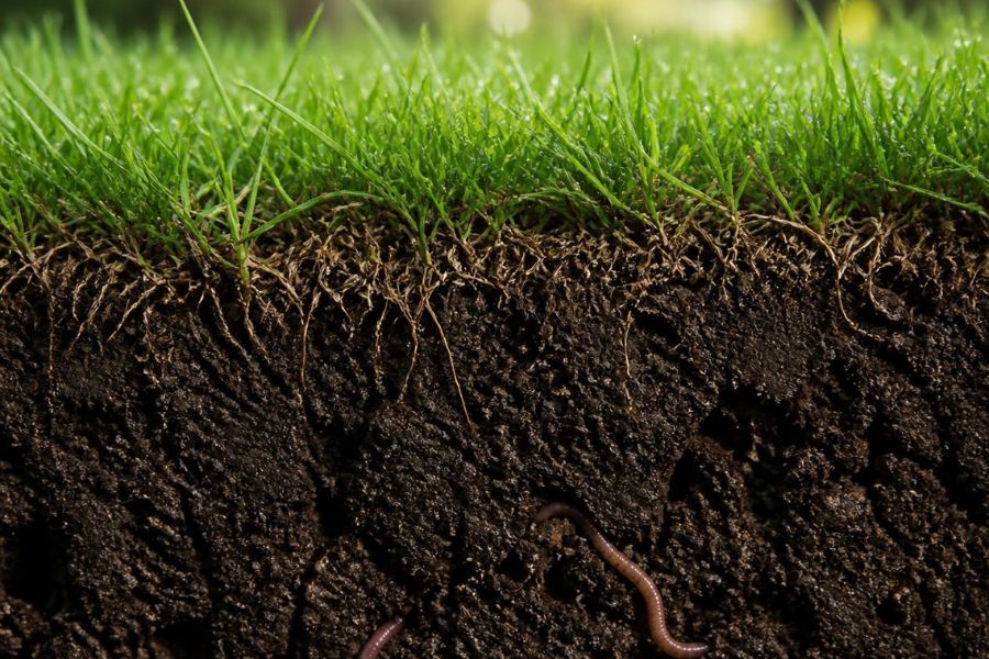 sezione di terreno sotto il prato con radici e lombrichi